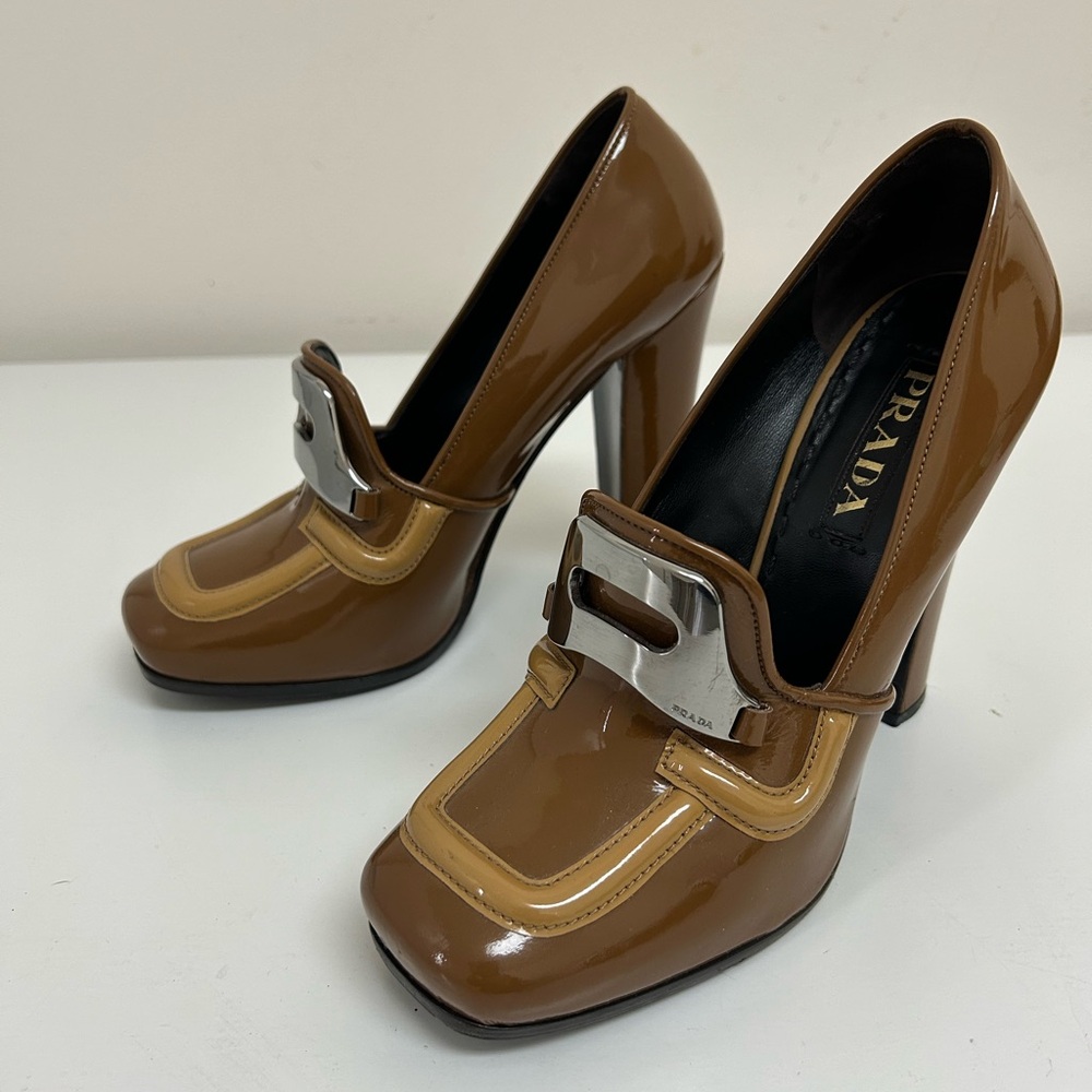 Prada Dark Caramel Vernice High Heel Loafer.
